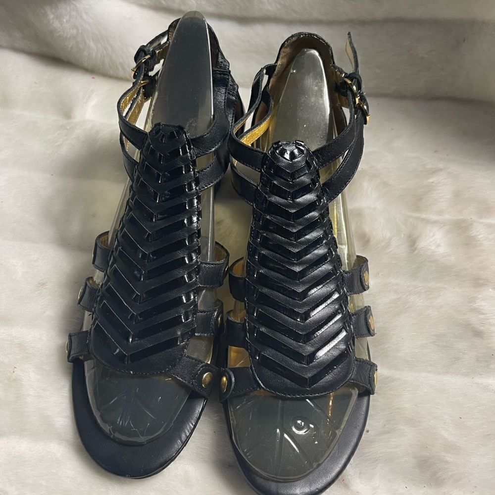 Arturo Chiang Leather black ankle straps wedge sandals SZ10M - Picture 3 of 12